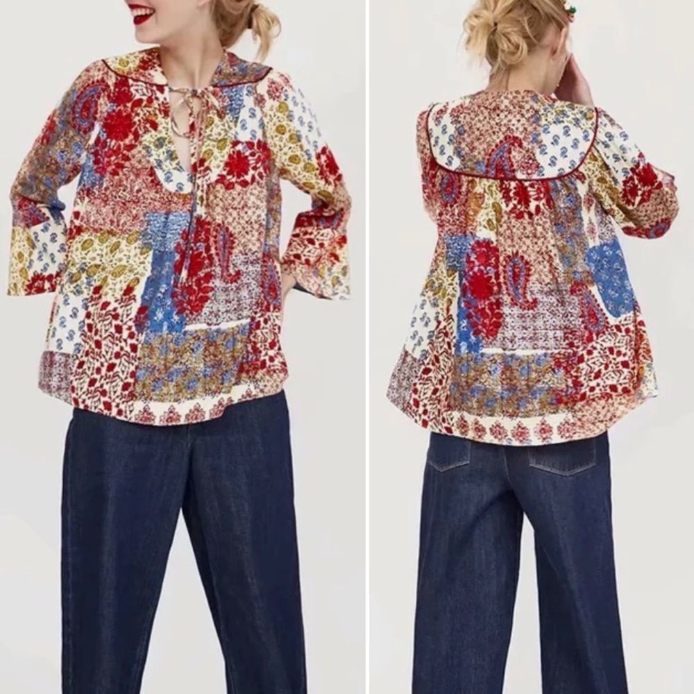 Zara Boho Paisley Floral Patchwork Bell Sleeve Tie Neck Blouse XS Red Cream